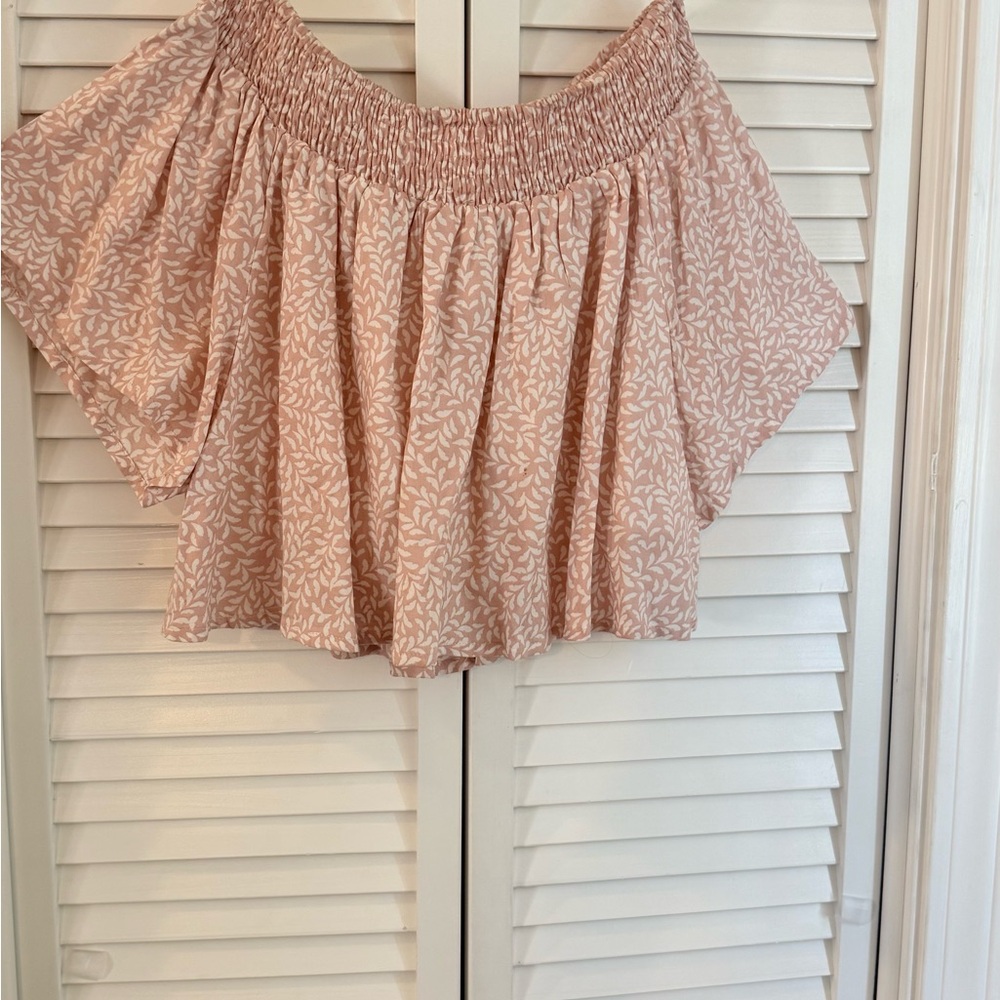 Frenchi Blush Pink Smocked Top with White Leaf Print